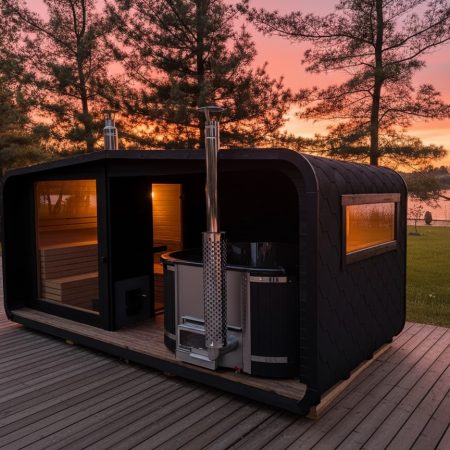 Combiné spa (sauna et bain nordique) sur une terrasse bois
